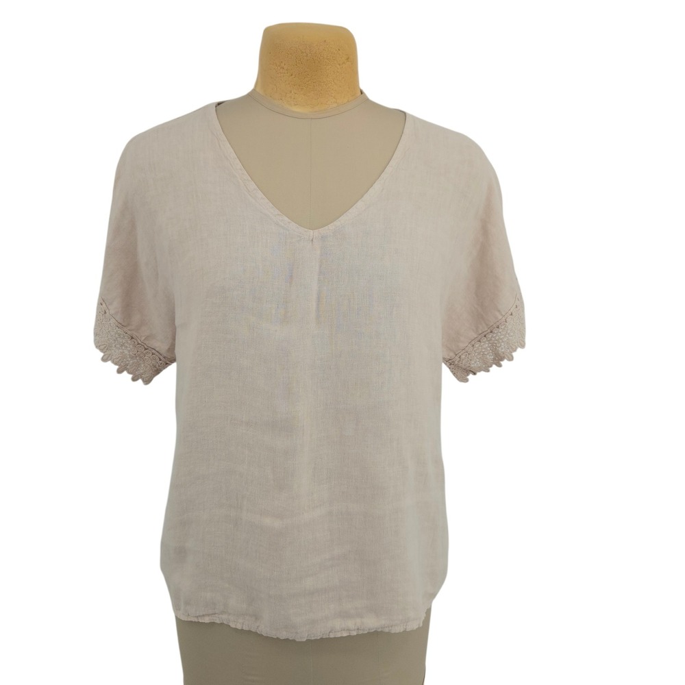 Spaziochic Linen Top Women XL Beige Lace V-Neck Made in Italy Lagenlook Neutral